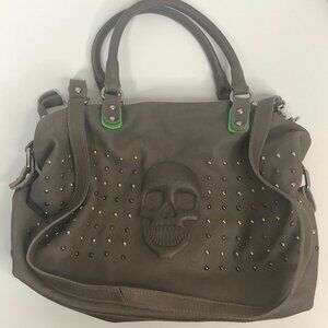 Gianni Notaro Large Gray Leather Handbag Embossed Skull Studs Made in Italy Y2K